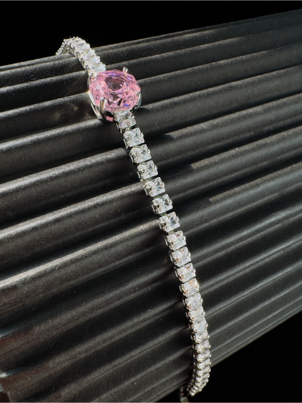 Silver Tennis Bracelet with Pink Center Stone - Women Jewelry
